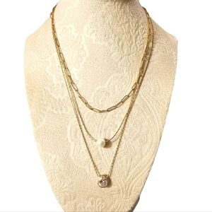 Gold and White Pearl Layered Necklace with Teardrop Pendant N2P32